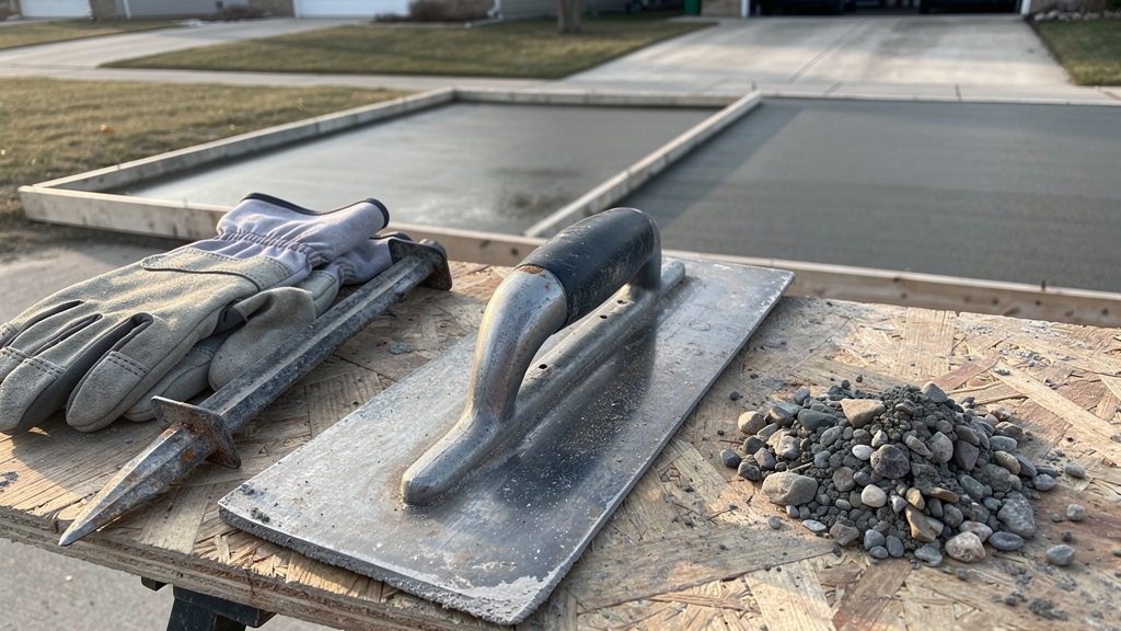 Concrete finishing tools resting beside a prepared slab