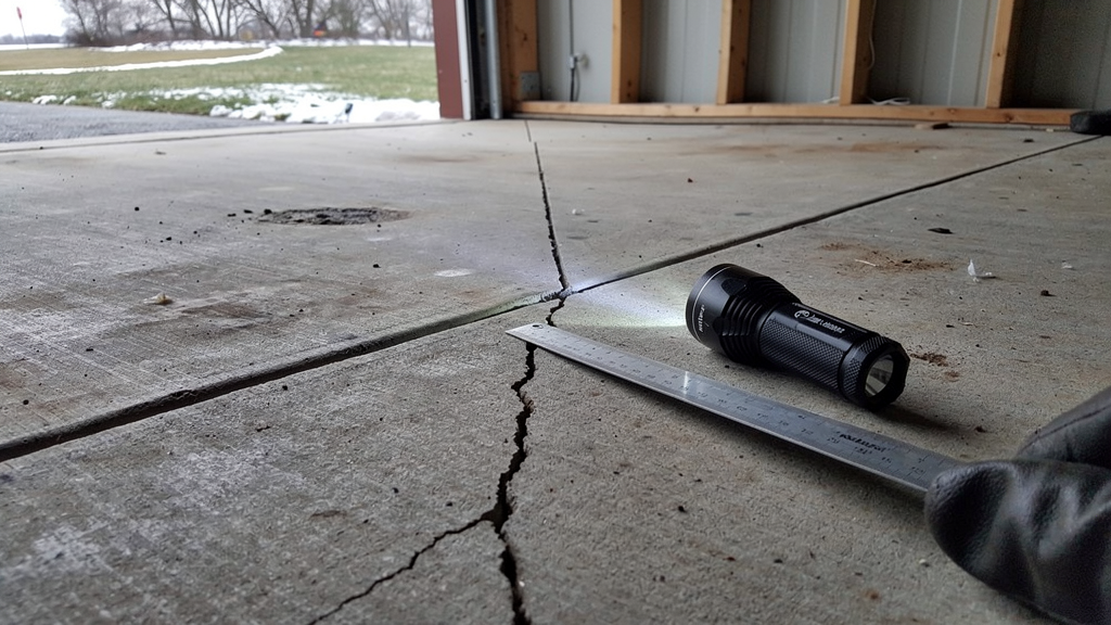 Hairline crack crossing a concrete slab near a control joint