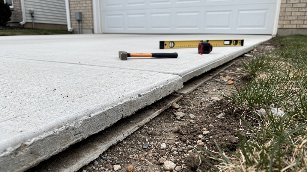 Sunken concrete driveway panel beside a garage approach