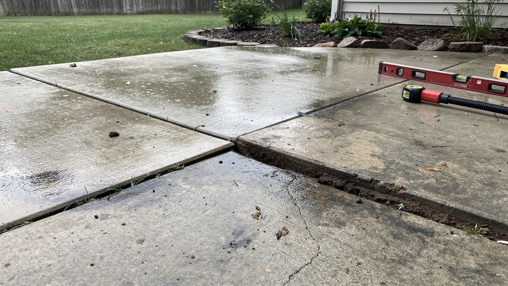 Sunken patio panel with a visible low edge near the yard