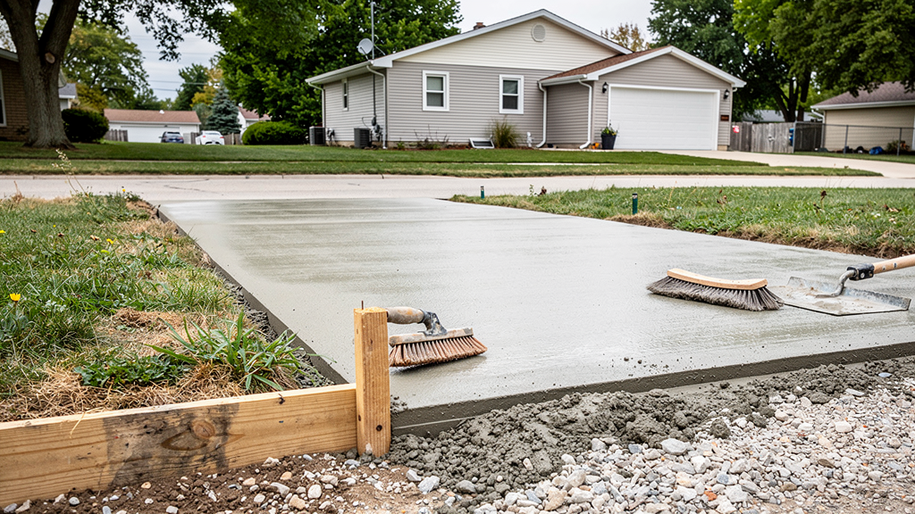 Freshly formed concrete driveway edge with finishing tools and gravel base