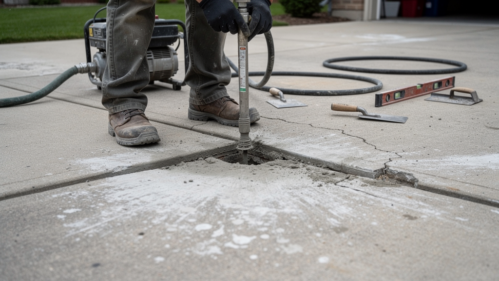 Concrete mudjacking equipment positioned beside a settled residential slab