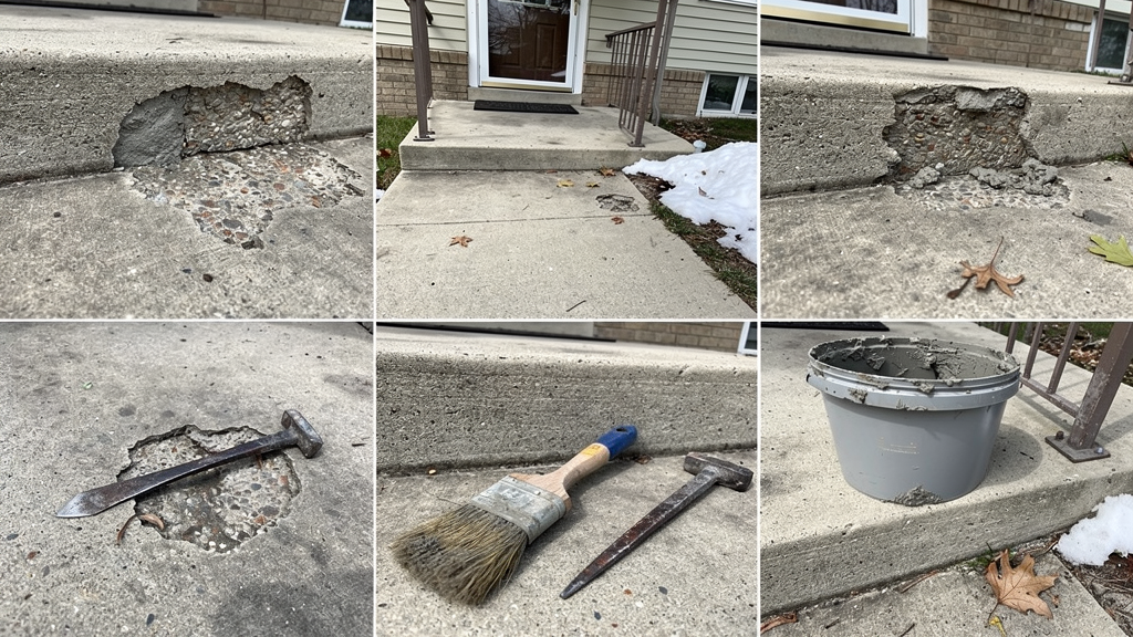 Concrete repair area prepared around a crack and worn edge