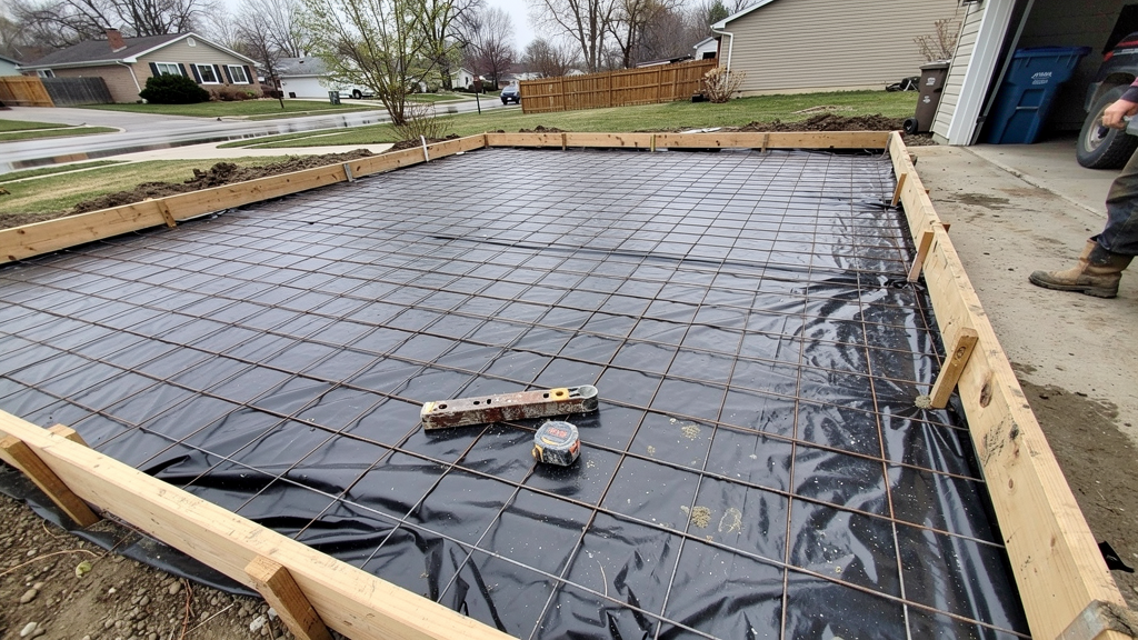 Level concrete slab prepared for a garage or shed