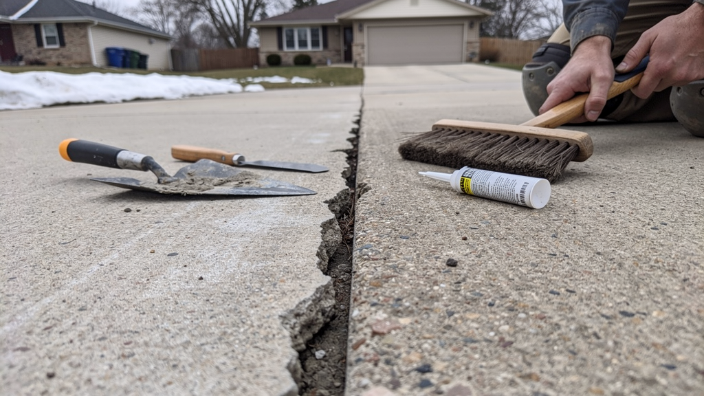 Close view of a concrete driveway crack marked for repair