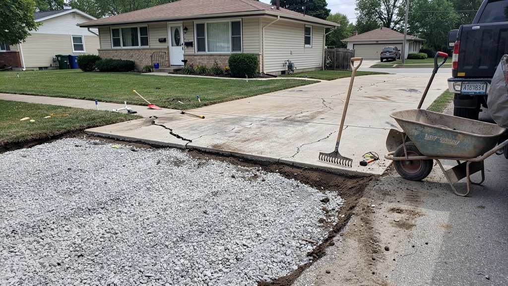 Removed driveway section showing the prepared base beneath old concrete