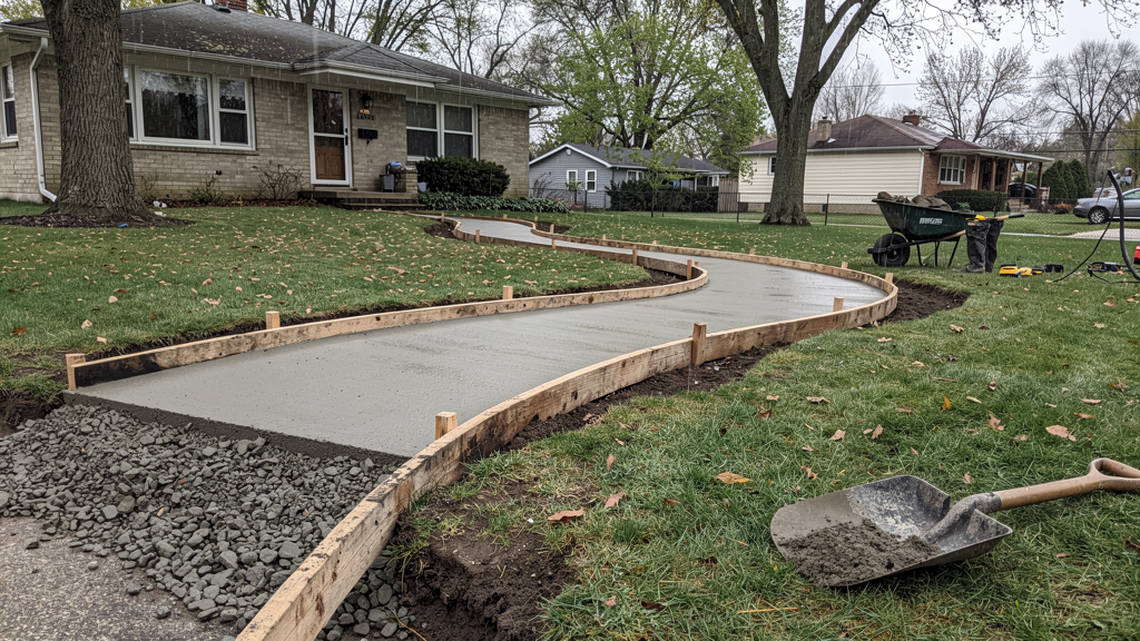 Concrete walkway form running from a driveway toward a home entry
